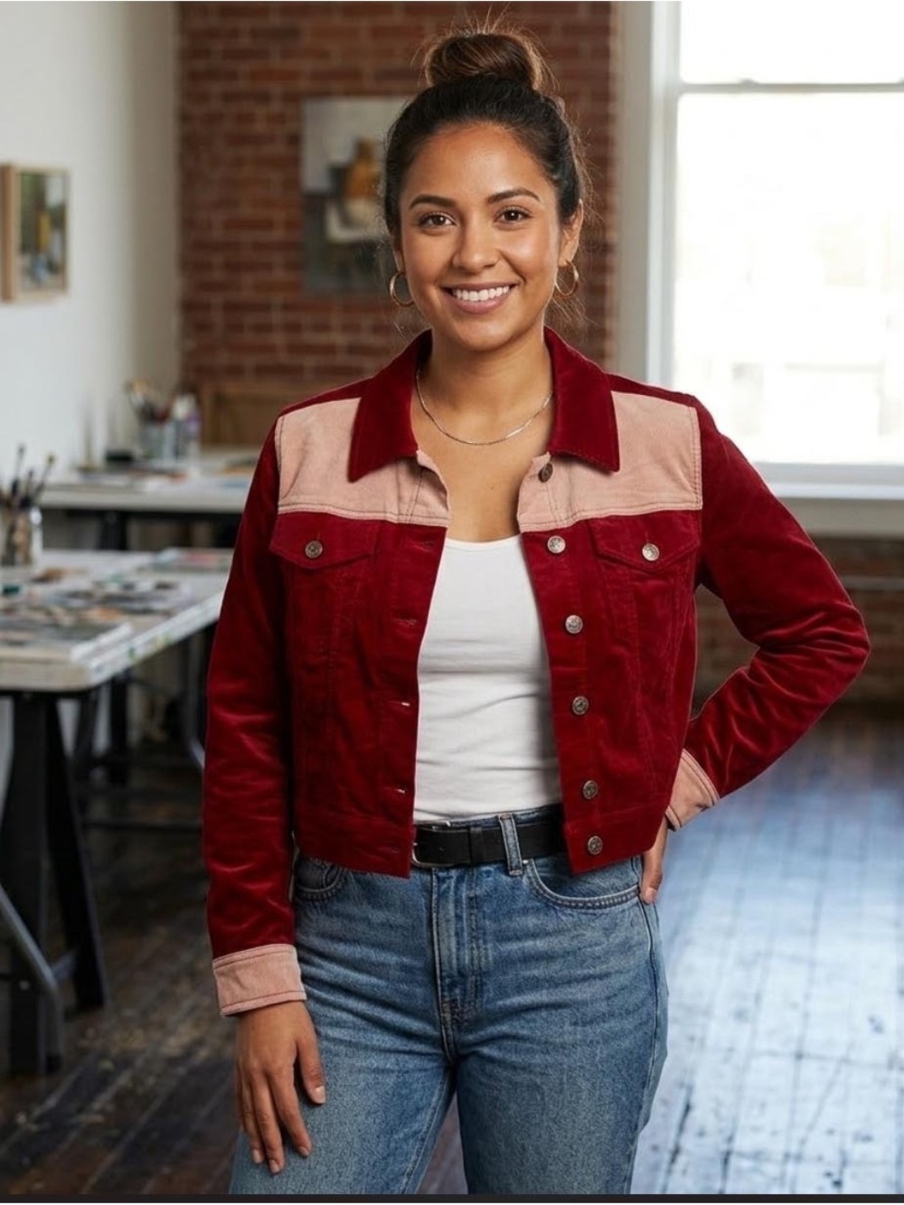 Two-Tone Red & Blush Velvet Trucker Jacket for Women
